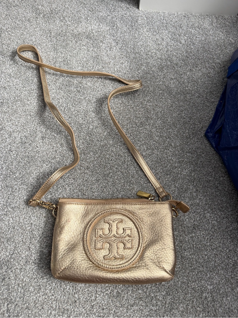 Tory Burch Metallic Gold Leather Logo Crossbody